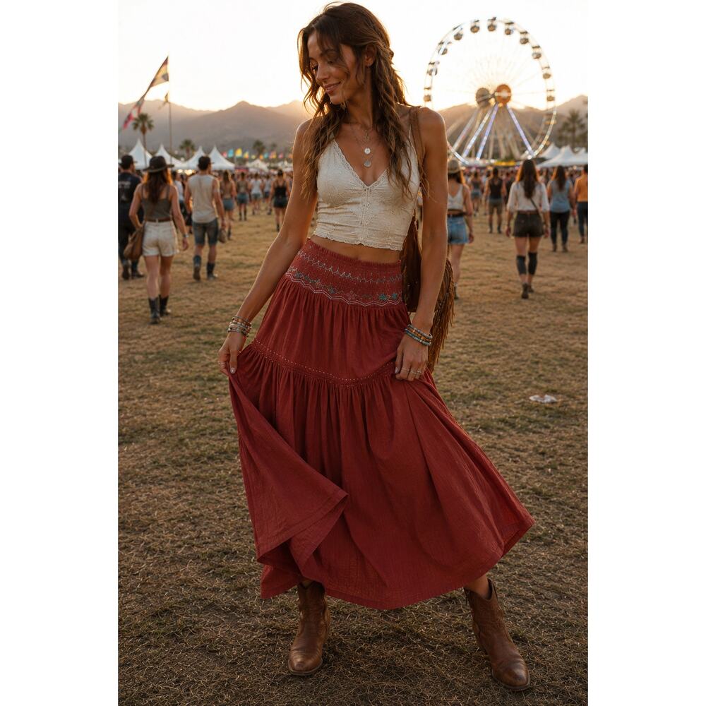 Free People Terra Smocked Maxi Skirt Set Boho Prairie Cottagecore